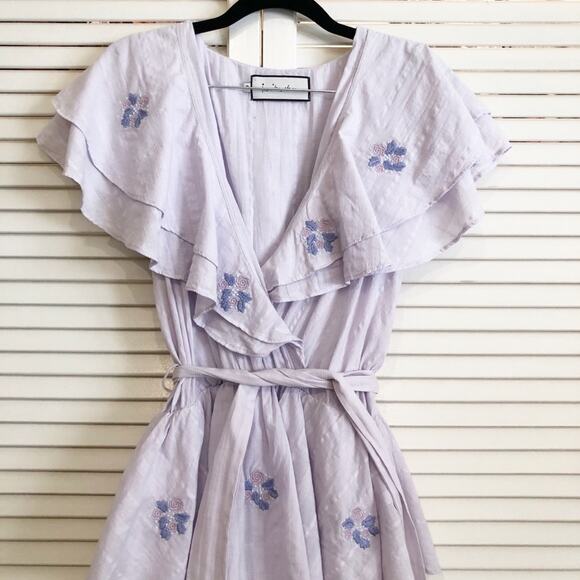Innika Choo Lavender Pi Furlunche Wrap Ruffled Embroidered Linen Midi Dress - Picture 12 of 16